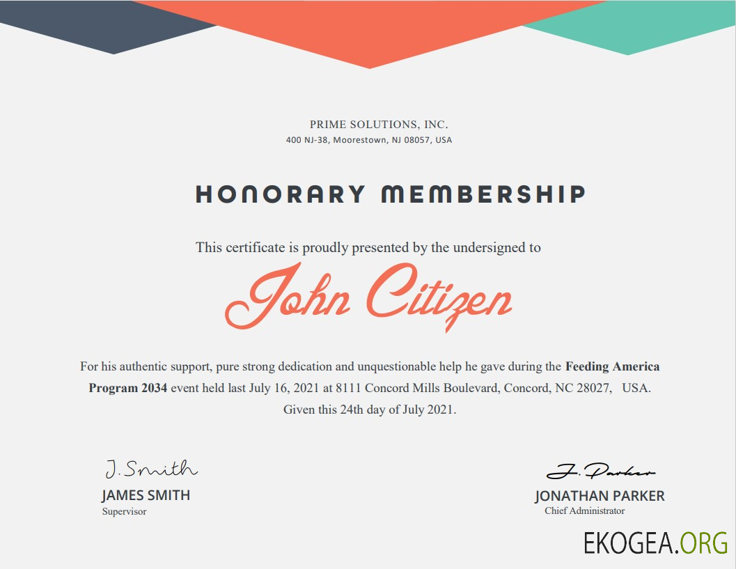 Certificat honorifique des États Unis